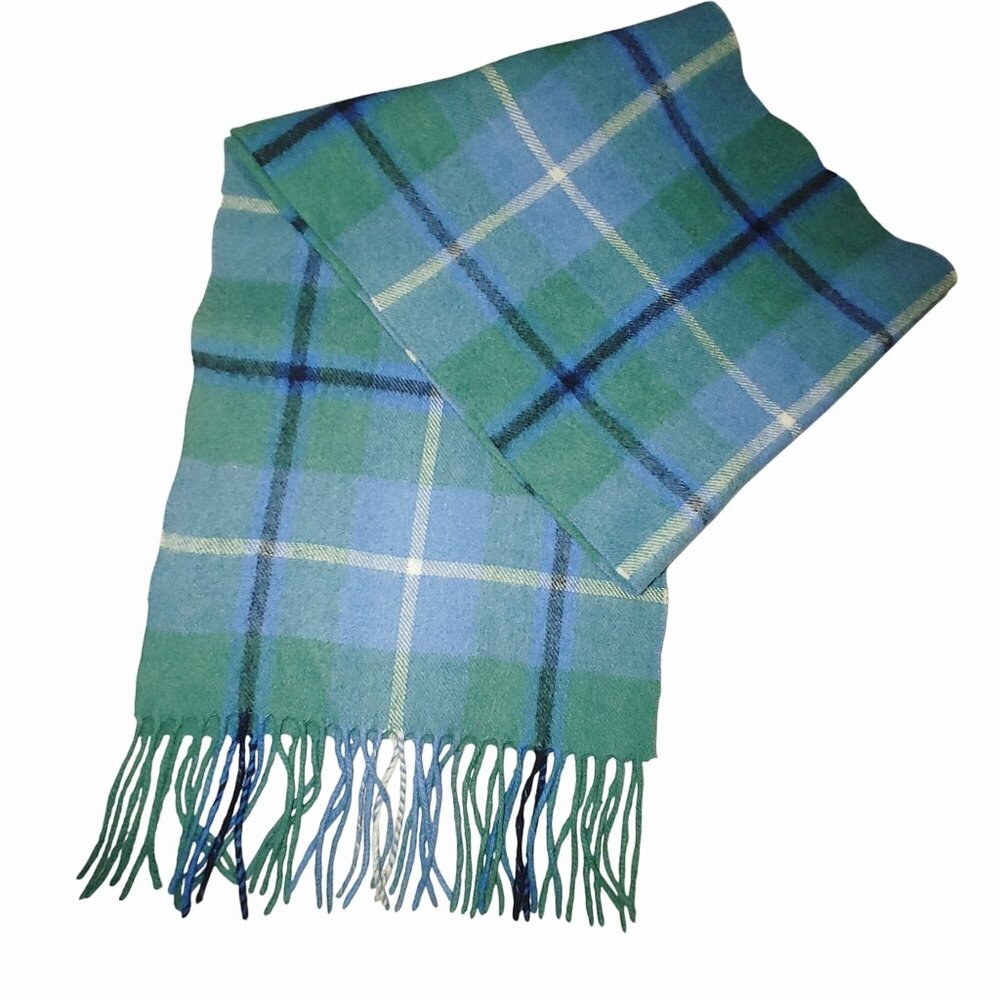 Lochmere Cashmere Green Blue Plaid Scarf Fringe Green Douglas 64 Inches 11 Wide